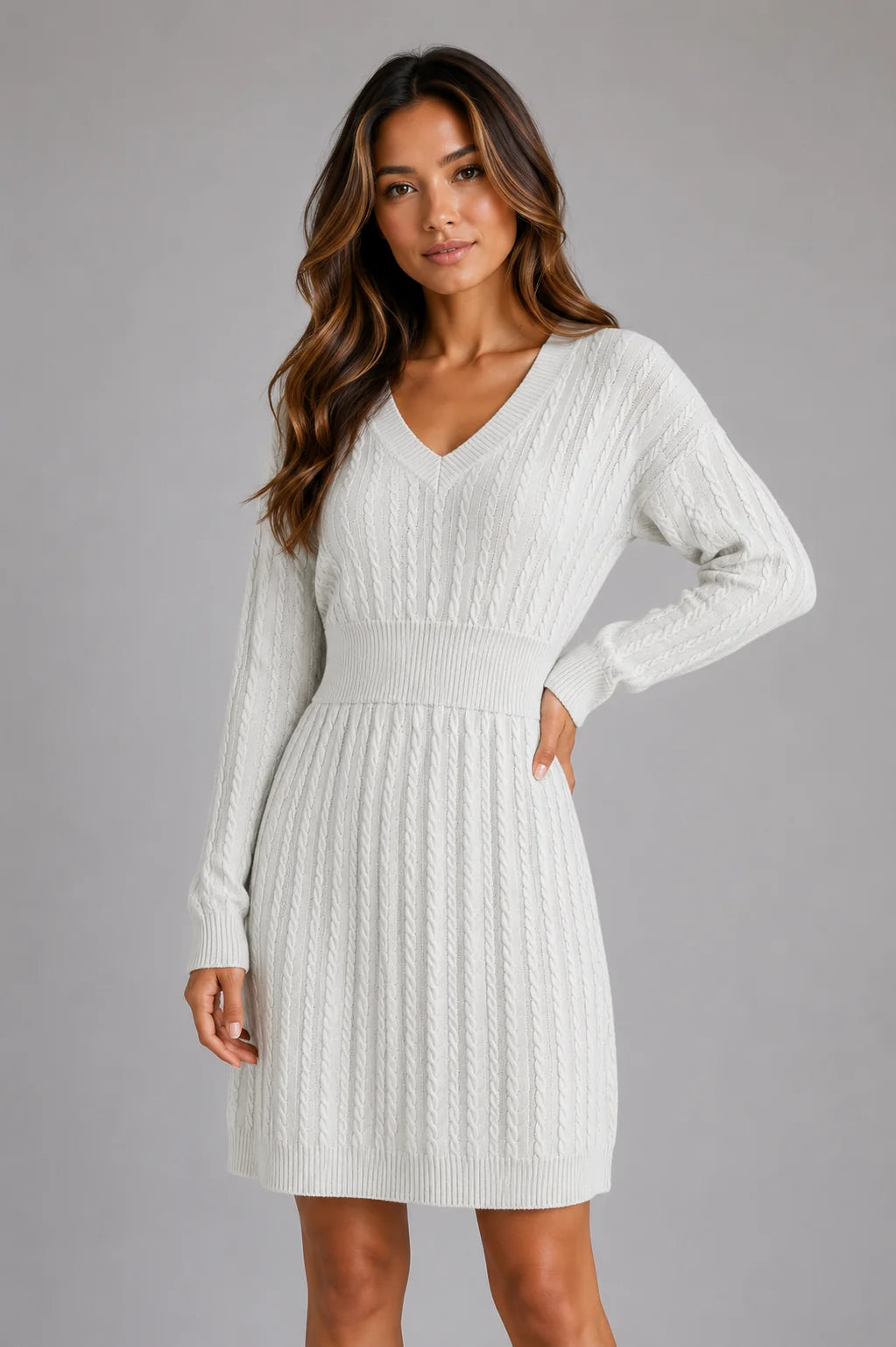 Paris | Women's Midi Dress Cable-Knit V-Neck Shirred Waist Fitted Soft Cosy Warm Feminine Chic Occasion Everyday Autumn Winter