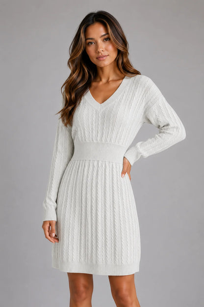 Paris | Women's Midi Dress Cable-Knit V-Neck Shirred Waist Fitted Soft Cosy Warm Feminine Chic Occasion Everyday Autumn Winter