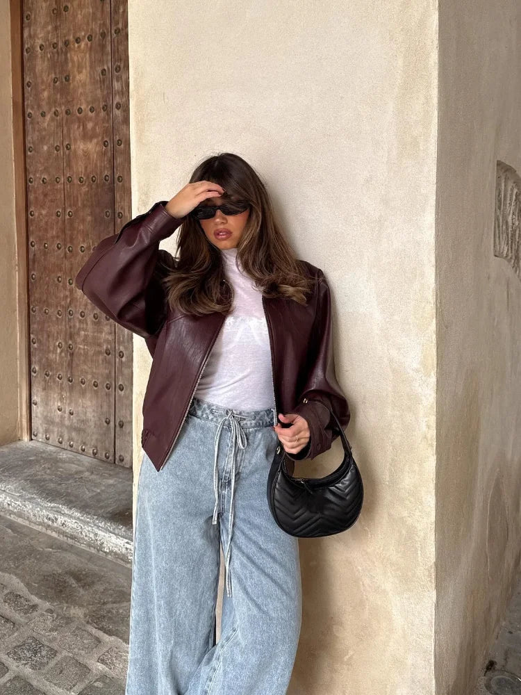 Sasha | Women's Leather Jacket Oversized Waist-Length Structured Relaxed Edgy Chic Casual Everyday Layering Autumn Winter Outerwear