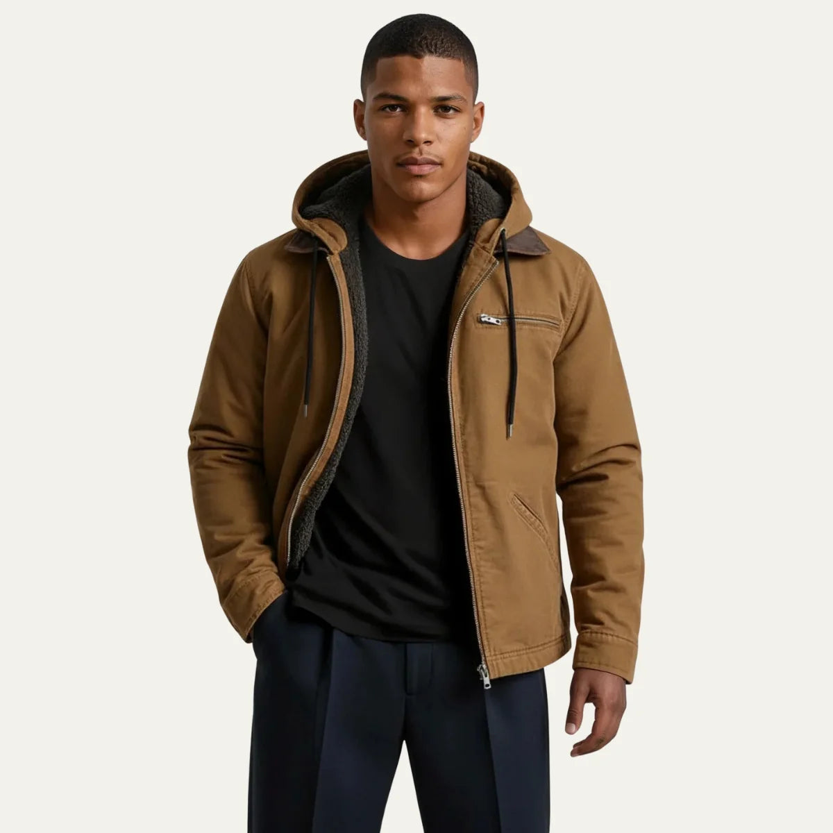 Abraham | Men's Jacket Hooded Fleece-Lined Zip-Up Warm Insulated Durable Adjustable Hood Casual Everyday Layering Autumn Winter
