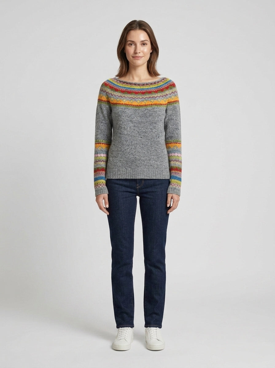 Phoebe | Women's Sweater Boat Neck Colourful Pattern Knit Relaxed Soft Cosy Warm Layering Chic Casual Everyday Autumn Winter - Front [Lystr 6a858ee2daab7ac52959ad72:front]