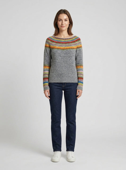 Phoebe | Women's Sweater Boat Neck Colourful Pattern Knit Relaxed Soft Cosy Warm Layering Chic Casual Everyday Autumn Winter - Front [Lystr 6a858ee2daab7ac52959ad72:front]