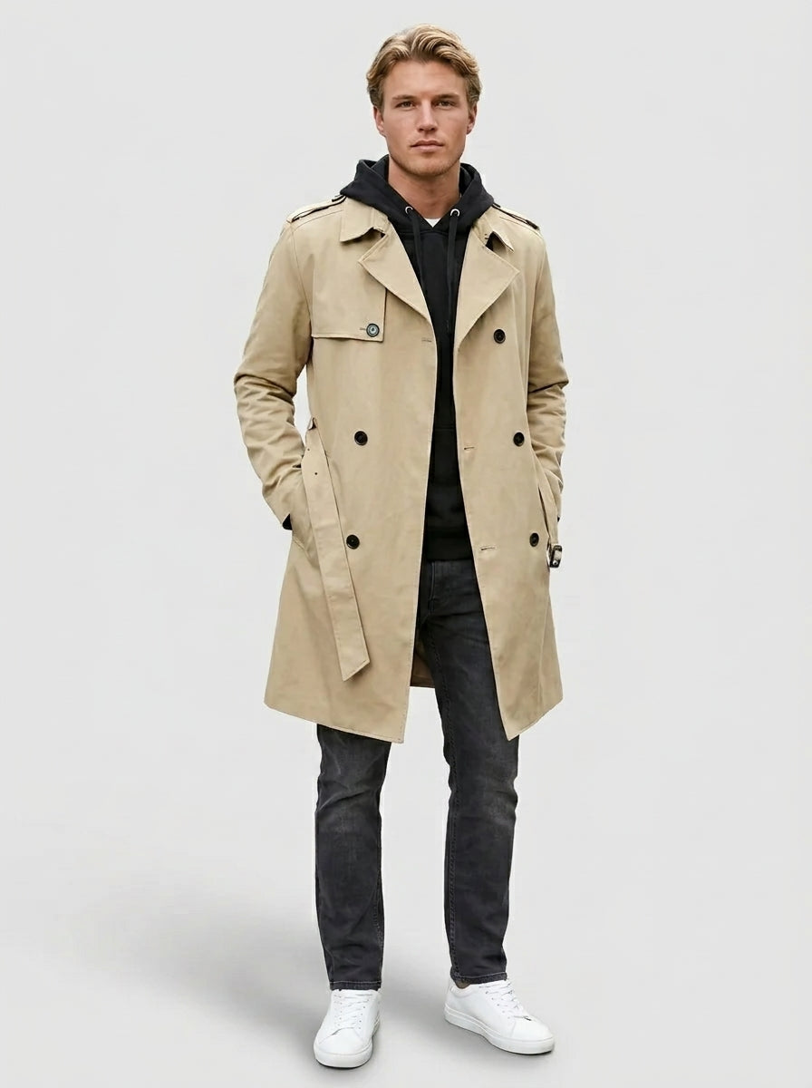 Preston | Men's Trench Coat Double-Breasted Tailored Wool-Blend Structured Longline Belted Heritage Smart Formal Occasion Winter - Front [Lystr 6a7e23522aa184b3edce5541:front]