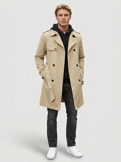 Preston | Men's Trench Coat Double-Breasted Tailored Wool-Blend Structured Longline Belted Heritage Smart Formal Occasion Winter - Front [Lystr 6a7e23522aa184b3edce5541:front]