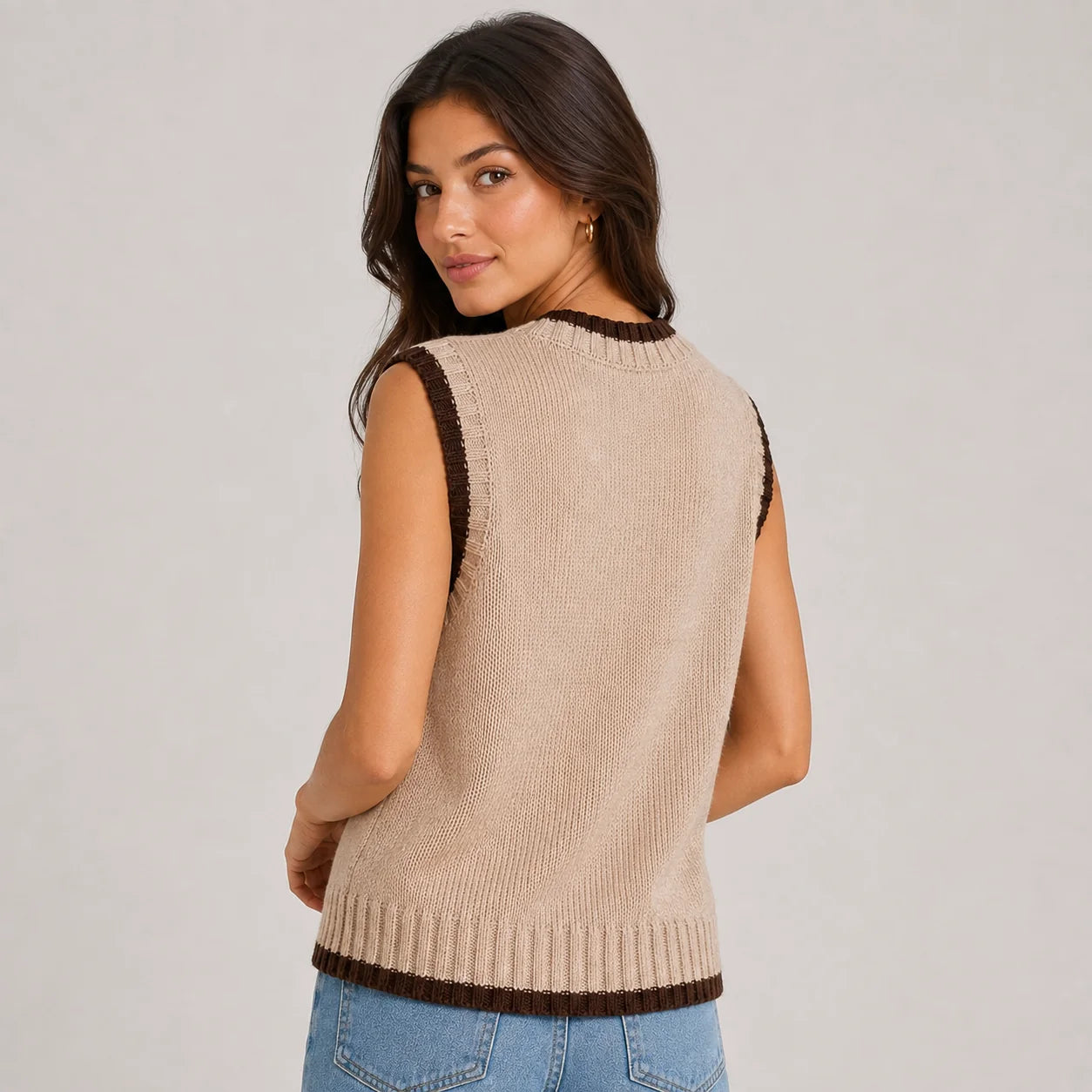 Tessa | Women's Vest Sweater Contrast Trim Round Neck Sleeveless Knit Soft Cosy Warm Layering Chic Feminine Casual Everyday Autumn