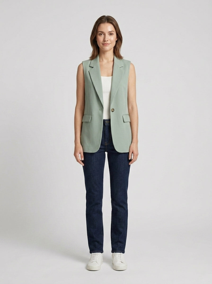Dior | Women's Blazer Waistcoat Sleeveless Notch Collar Flap Pockets Button Tailored Smart Chic Occasion Office Everyday Versatile - Front [Lystr 6a84a4f79d108d2a5558f0ff:front]