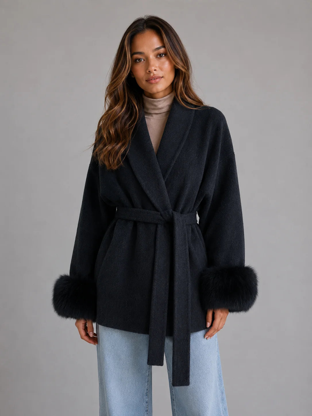 Livia | Women's Wool Coat Belted Wool-Blend Faux Fur Trim Wrap Shawl Collar Warm Tailored Elegant Occasion Everyday Autumn Winter