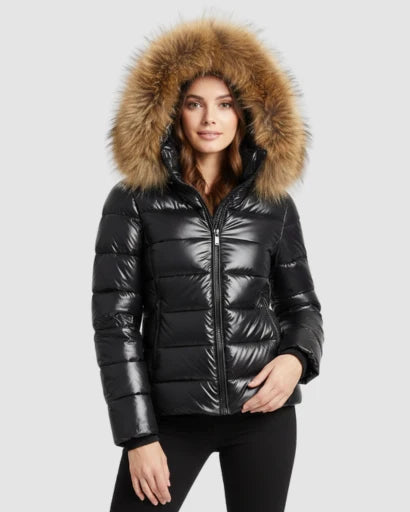 Nina | Women's Puffer Jacket Glossy Hooded Faux Fur Trim Padded Insulated Warm Cropped Casual Everyday Winter Outerwear Cosy