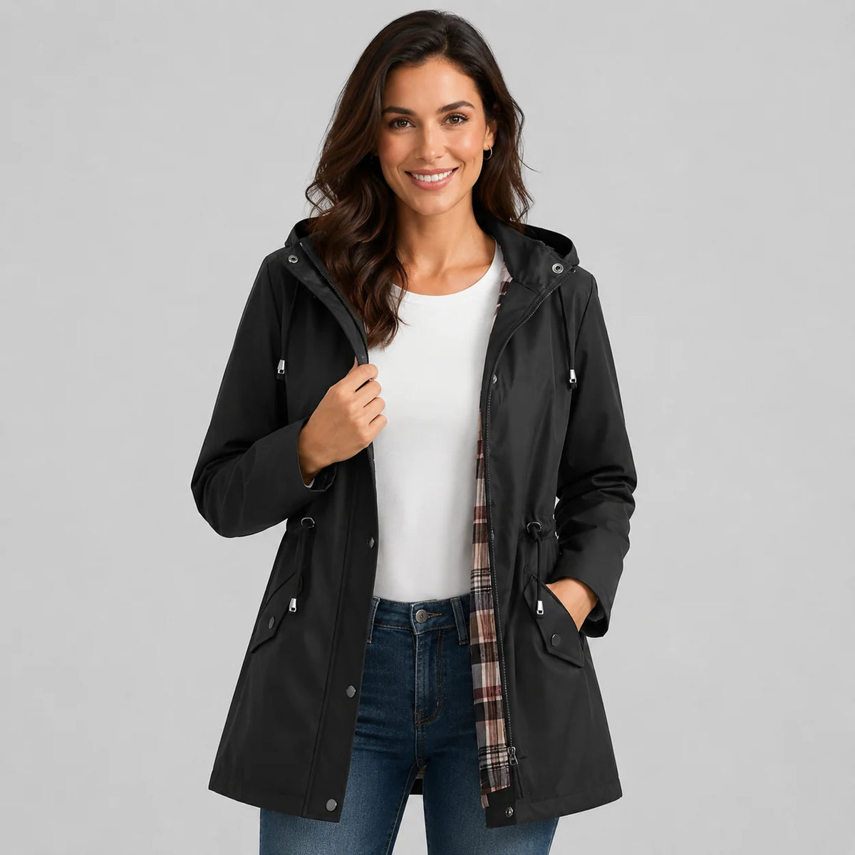 Treasure | Women's Rain Coat Hooded Check-Lined Waterproof Windproof Longline Warm Functional Casual Everyday Outdoor Autumn Winter