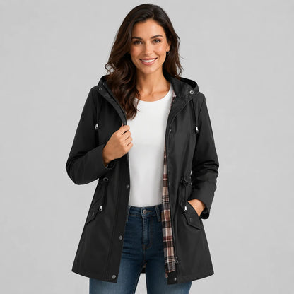 Treasure | Women's Rain Coat Hooded Check-Lined Waterproof Windproof Longline Warm Functional Casual Everyday Outdoor Autumn Winter