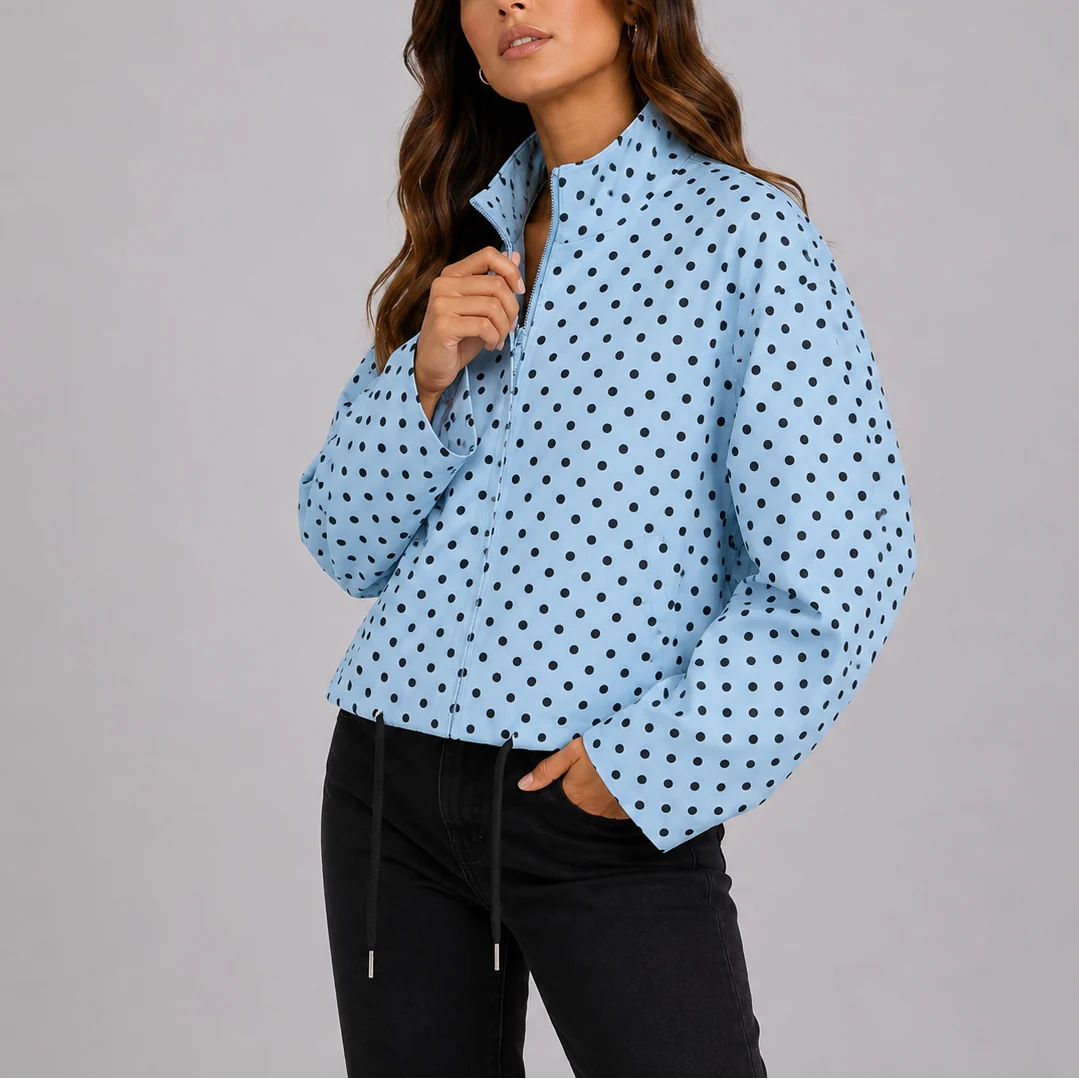 Sage | Women's Bomber Jacket Polka Dot Casual Playful Patterned Relaxed Soft Chic Everyday Autumn Winter Layering Statement