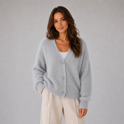 Taylor | Women's Cardigan Fluffy Knit Button-Front V-Neck Soft Cosy Warm Relaxed Layering Chic Feminine Casual Everyday Autumn