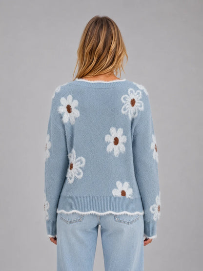 Robin | Women's Sweater Floral V-Neck Soft Knit Casual Pullover Feminine Cosy Warm Relaxed Layering Chic Everyday Autumn Winter