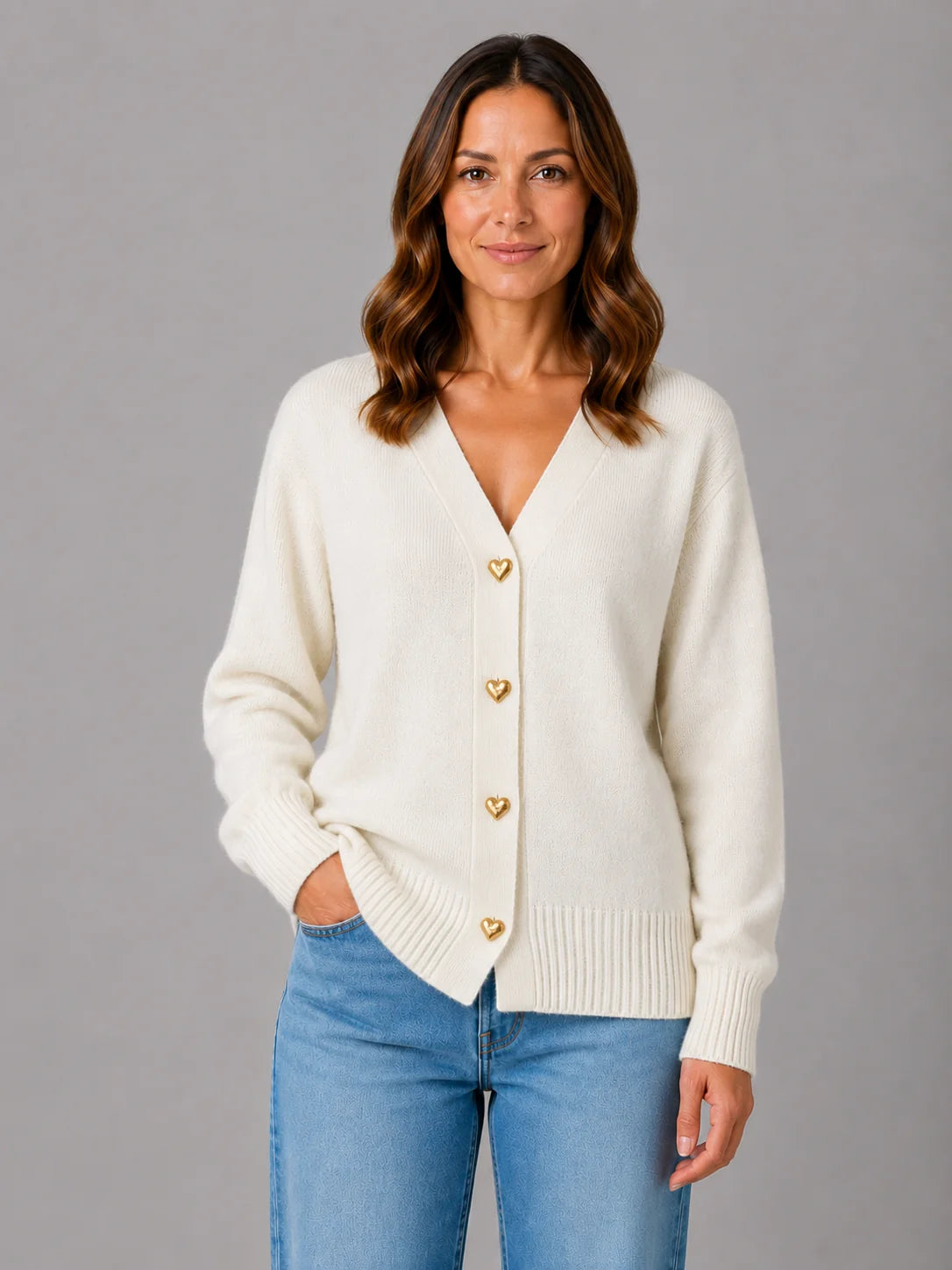 Renata | Women's Cardigan Heart Button Soft Knit V-Neck Button-Up Cosy Warm Relaxed Layering Chic Feminine Casual Everyday Autumn