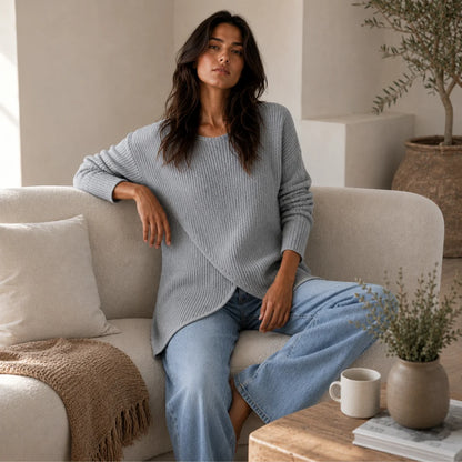 Mckenna | Women's Sweater Ribbed Asymmetrical Slit Hem Knit Fitted Soft Warm Layering Chic Feminine Casual Everyday Autumn Winter