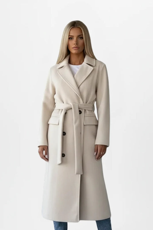 Mya | Women's Coat Long Belted Double-Breasted Front Tailored Structured Warm Smart Occasion Everyday Autumn Winter Statement