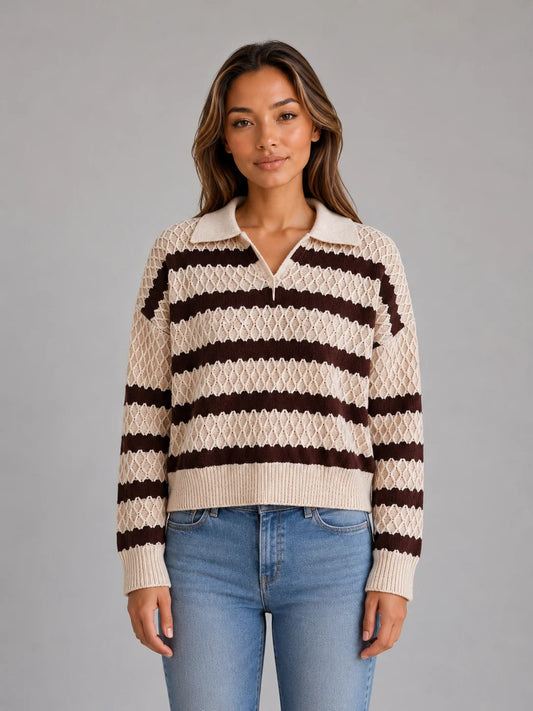 Patricia | Women's Sweater Striped Polo Textured Knit Collared Soft Cosy Warm Layering Chic Feminine Casual Everyday Autumn Winter
