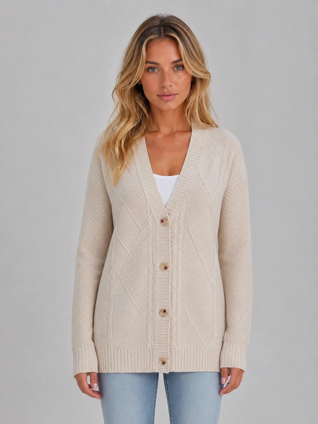Rhea | Women's Cardigan Cable-Knit Soft V-Neck Button-Up Cosy Warm Relaxed Layering Chic Feminine Casual Everyday Autumn Winter