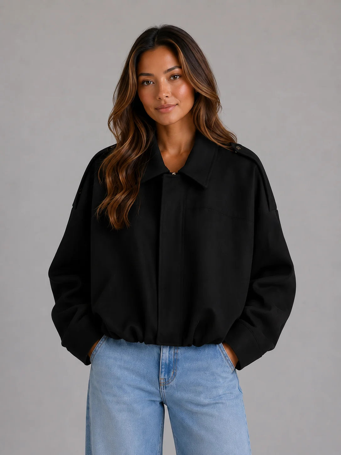 London | Women's Bomber Jacket Suede Look Oversized Collared Zip Soft Relaxed Casual Everyday Autumn Winter Layering Statement