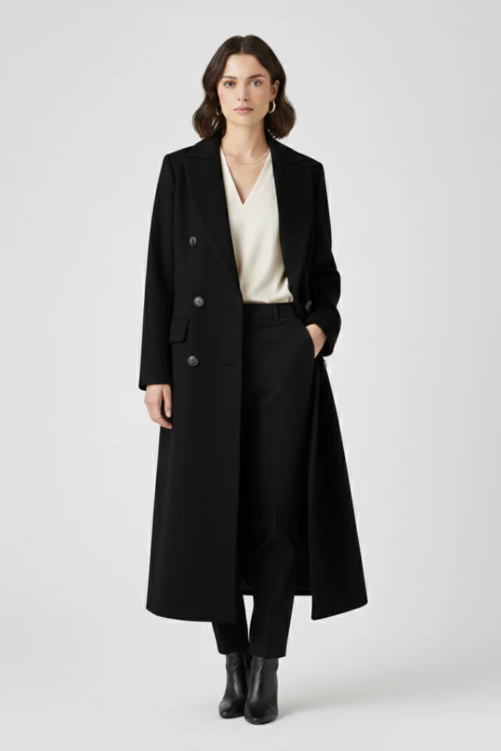 Nayeli | Women's Coat Lapel Collar Button Fastening Long Woven Tailored Structured Warm Smart Occasion Everyday Autumn Winter