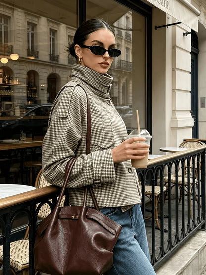 Kyra | Women's Jacket Stand Collar Houndstooth Structured Tailored Patterned Warm Smart Occasion Everyday Autumn Winter Statement