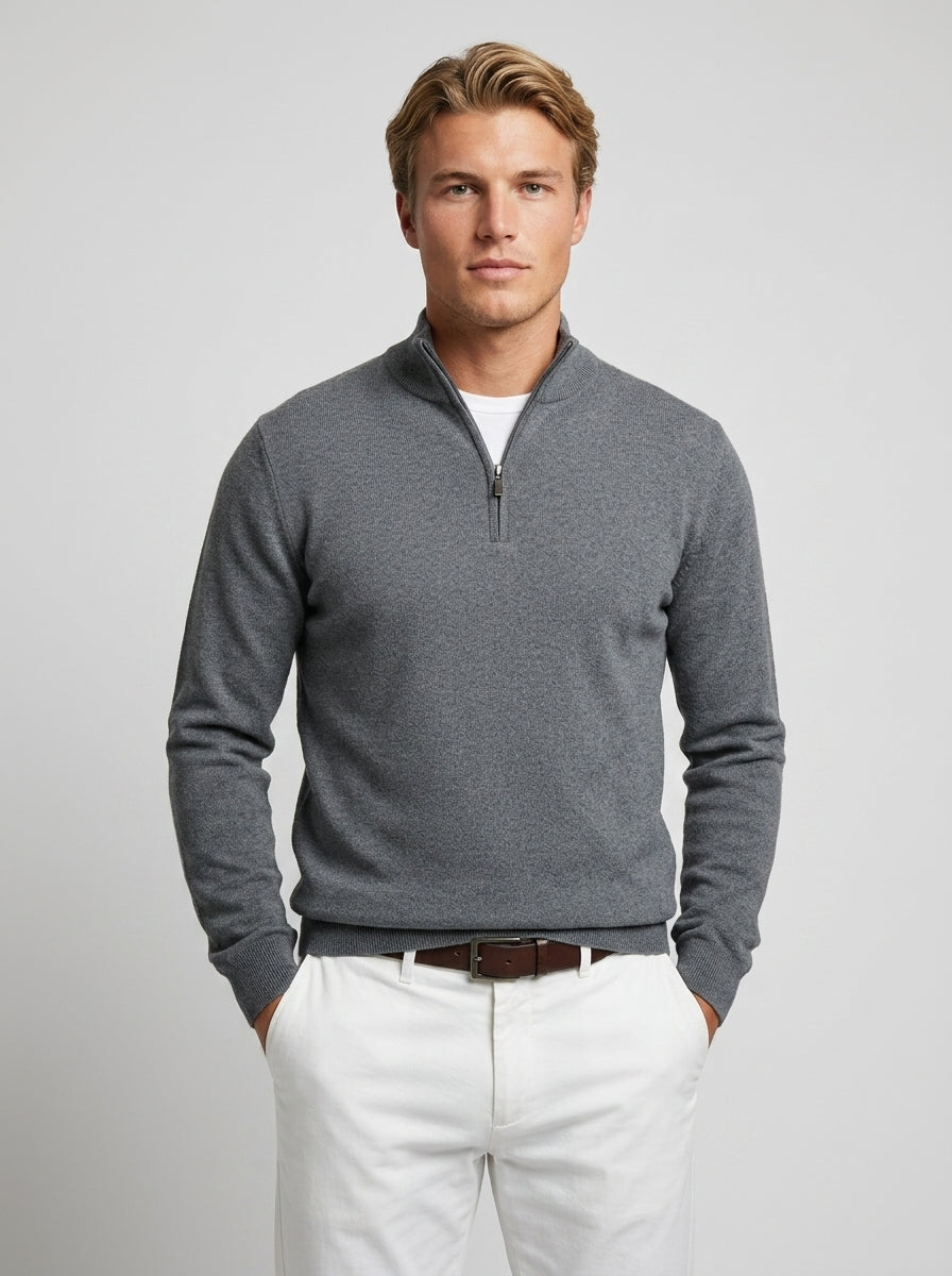 Solomon | Men's Jumper Quarter-Zip Wool-Blend Mock Neck Ribbed Knit Warm Soft Smart Casual Everyday Layering Autumn Winter - Front [Lystr 6a7e232b3eb11d33ace8bac3:front]