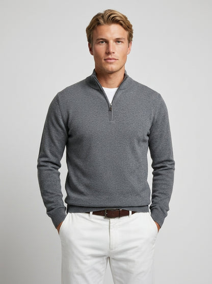 Solomon | Men's Jumper Quarter-Zip Wool-Blend Mock Neck Ribbed Knit Warm Soft Smart Casual Everyday Layering Autumn Winter - Front [Lystr 6a7e232b3eb11d33ace8bac3:front]