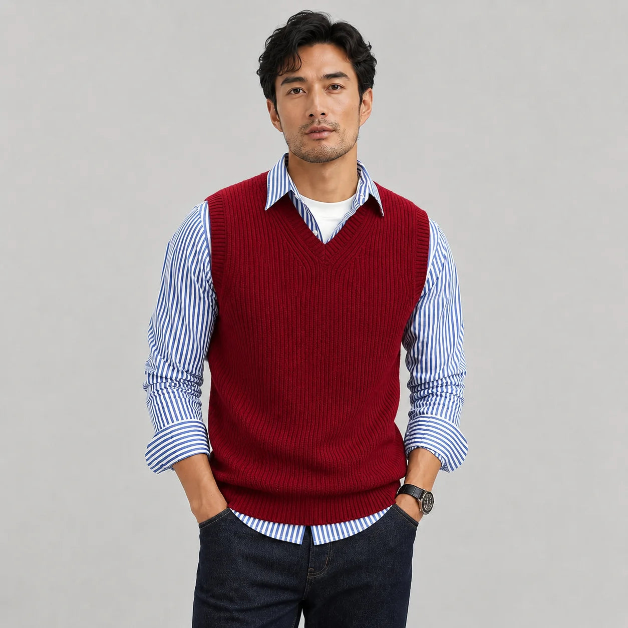 Lowell | Men's Vest Sweater V-Neck Ribbed Knit Sleeveless Soft Warm Layering Smart Casual Everyday Autumn Winter Knitwear