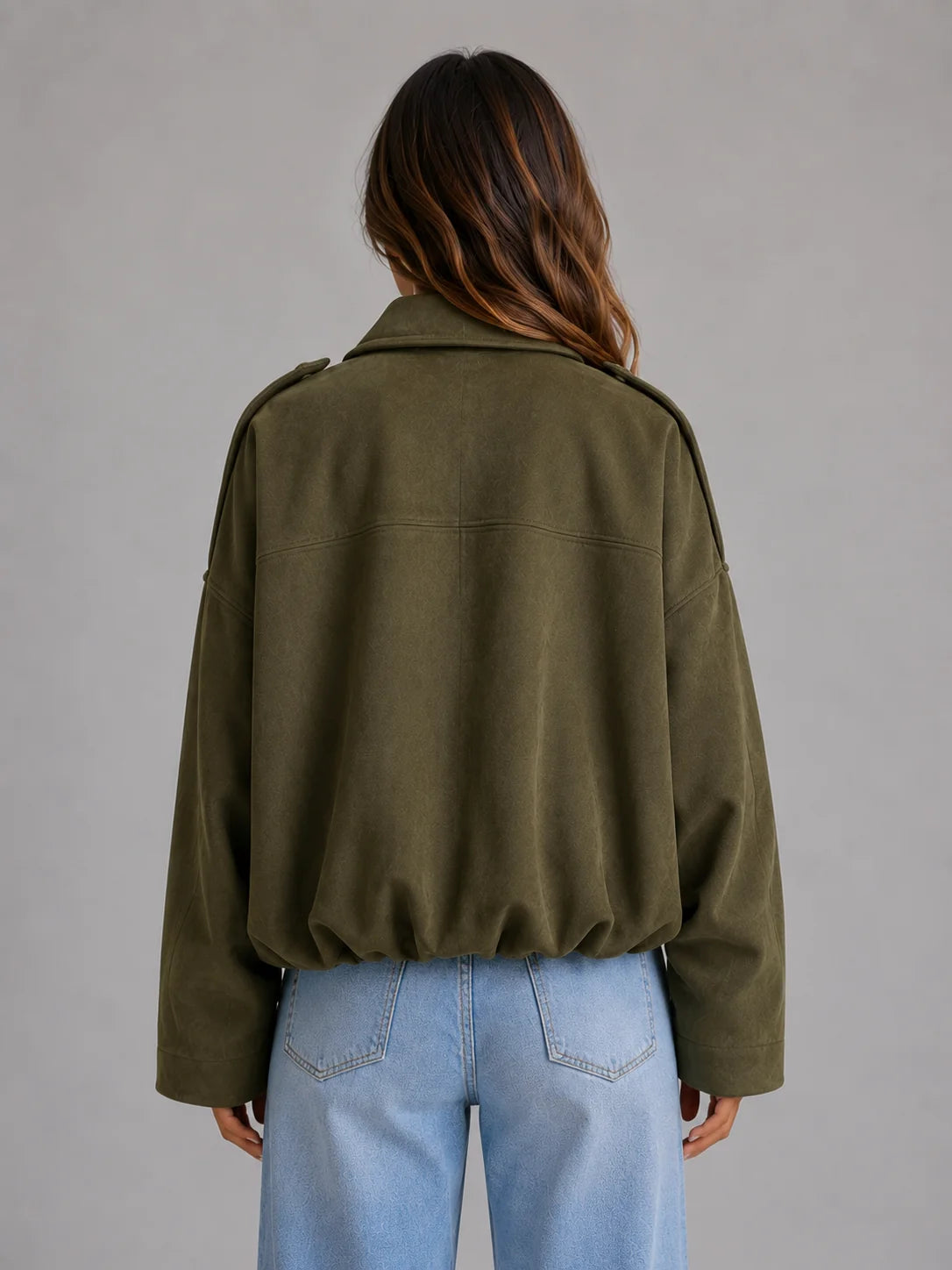 London | Women's Bomber Jacket Suede Look Oversized Collared Zip Soft Relaxed Casual Everyday Autumn Winter Layering Statement