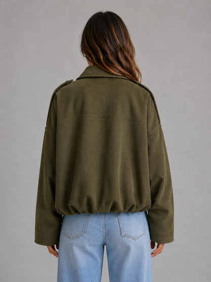 London | Women's Bomber Jacket Suede Look Oversized Collared Zip Soft Relaxed Casual Everyday Autumn Winter Layering Statement