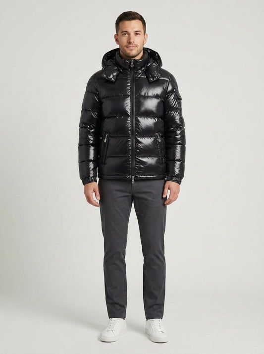 Louis | Men's Jacket Puffer Glossy Hooded Insulated Warm Zip Winter - Front [Lystr 6a84a4e89d108d2a5558f0f9:front]