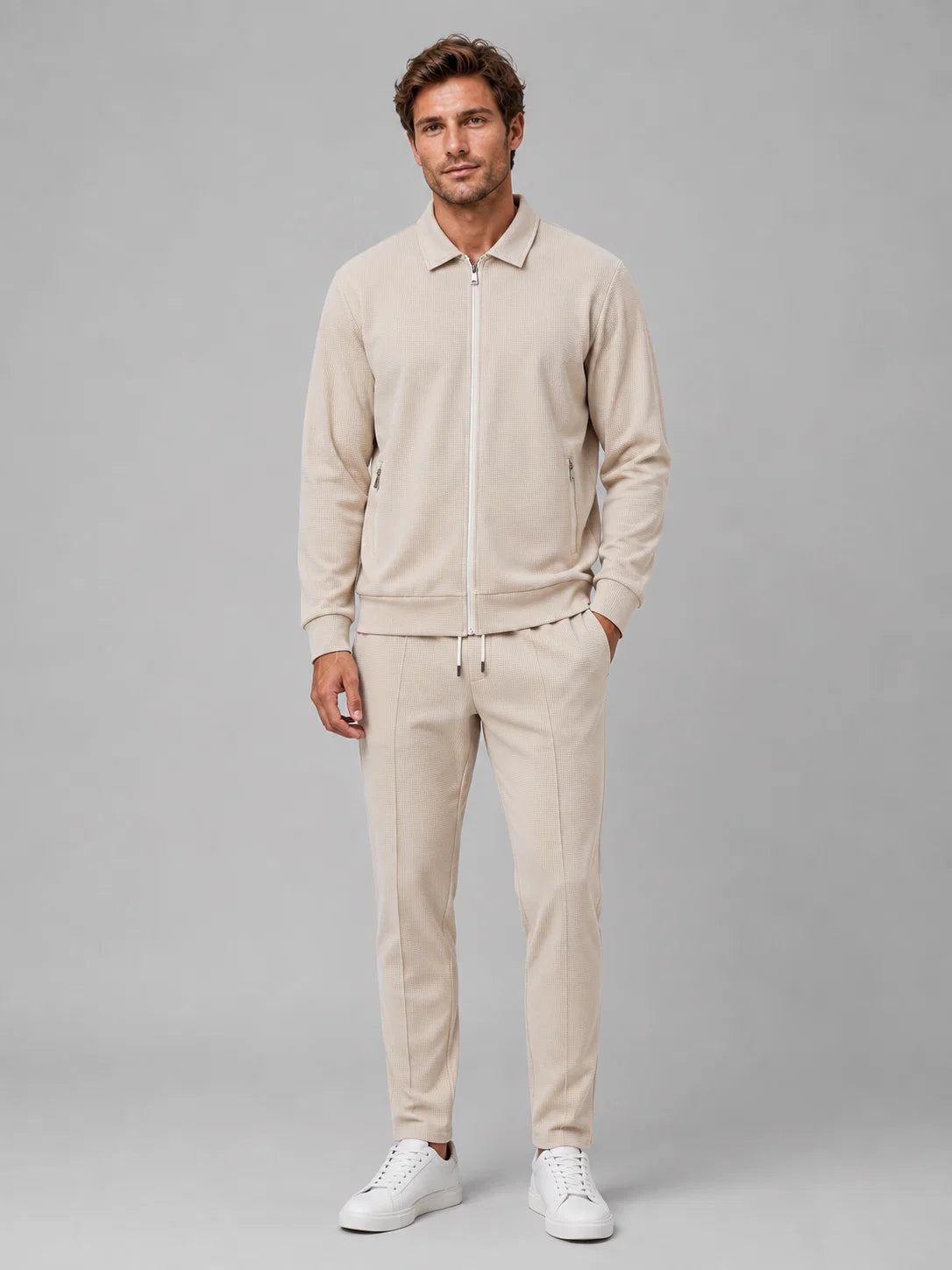 Amos | Men's Co-ord Set Zip Jacket Trousers Two-Piece Textured Smart Casual Coordinated Relaxed Refined Everyday Autumn Winter