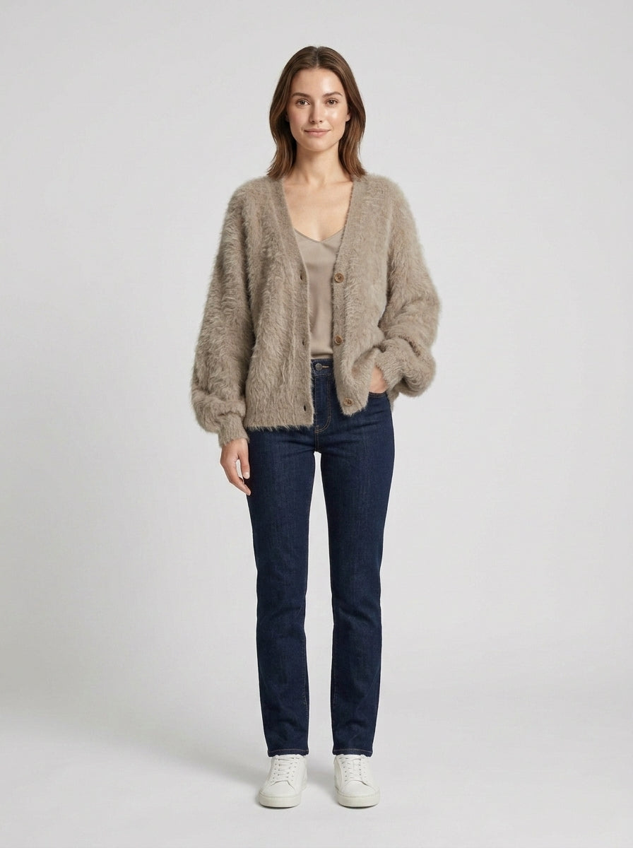 Celeste | Women's Cardigan Fluffy Knit Deep V-Neck Button-Front Soft Cosy Textured Relaxed Warm Layering Everyday - Front [Lystr 6a7e2ee9e363525d93c1f406:front]