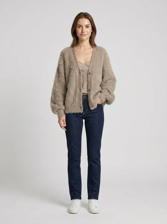 Celeste | Women's Cardigan Fluffy Knit Deep V-Neck Button-Front Soft Cosy Textured Relaxed Warm Layering Everyday - Front [Lystr 6a7e2ee9e363525d93c1f406:front]