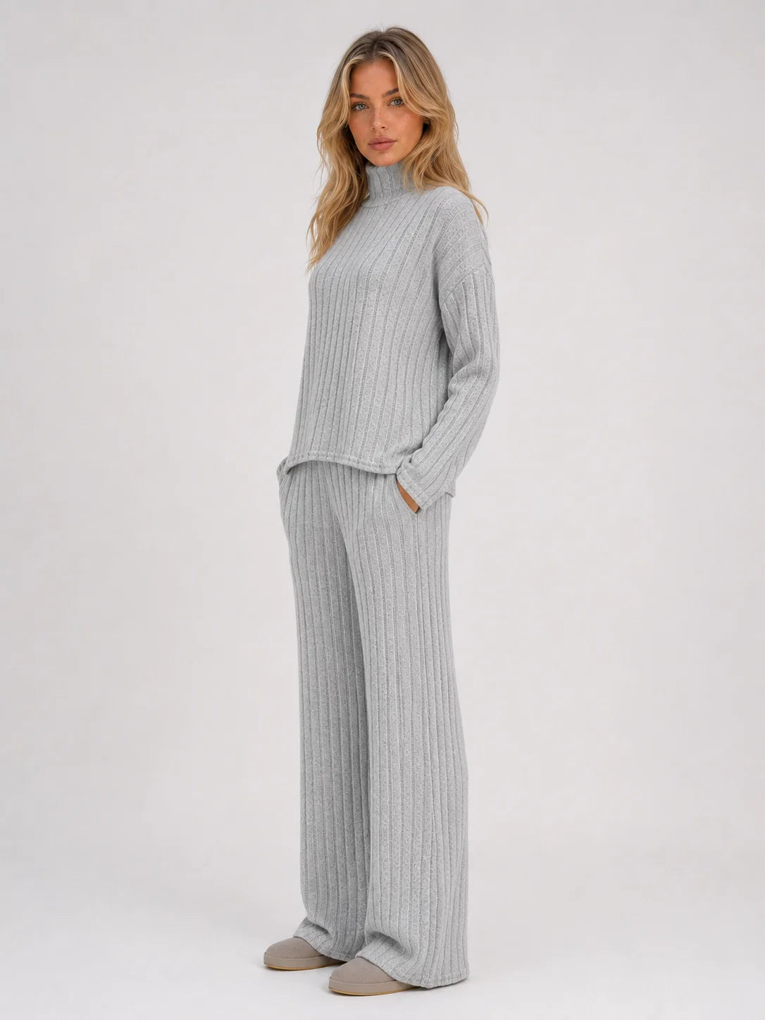 Louisa | Women's Lounge Set Ribbed Knit Roll Neck Jumper Wide-Leg Trousers Two-Piece Soft Cosy Warm Coordinated Relaxed Loungewear