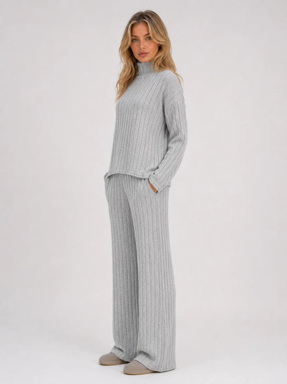 Louisa | Women's Lounge Set Ribbed Knit Roll Neck Jumper Wide-Leg Trousers Two-Piece Soft Cosy Warm Coordinated Relaxed Loungewear