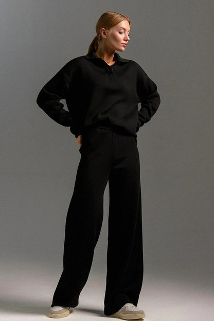 Kamila | Women's Co-ord Set Polo Collar Knit Pullover Wide-Leg Trousers Two-Piece Cosy Knit Coordinated Chic Autumn Winter