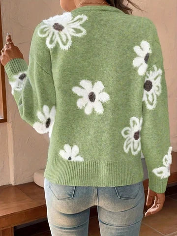Marina | Women's Cardigan Floral V-Neck Button Front Knit Soft Feminine Cosy Warm Relaxed Layering Chic Casual Everyday Autumn