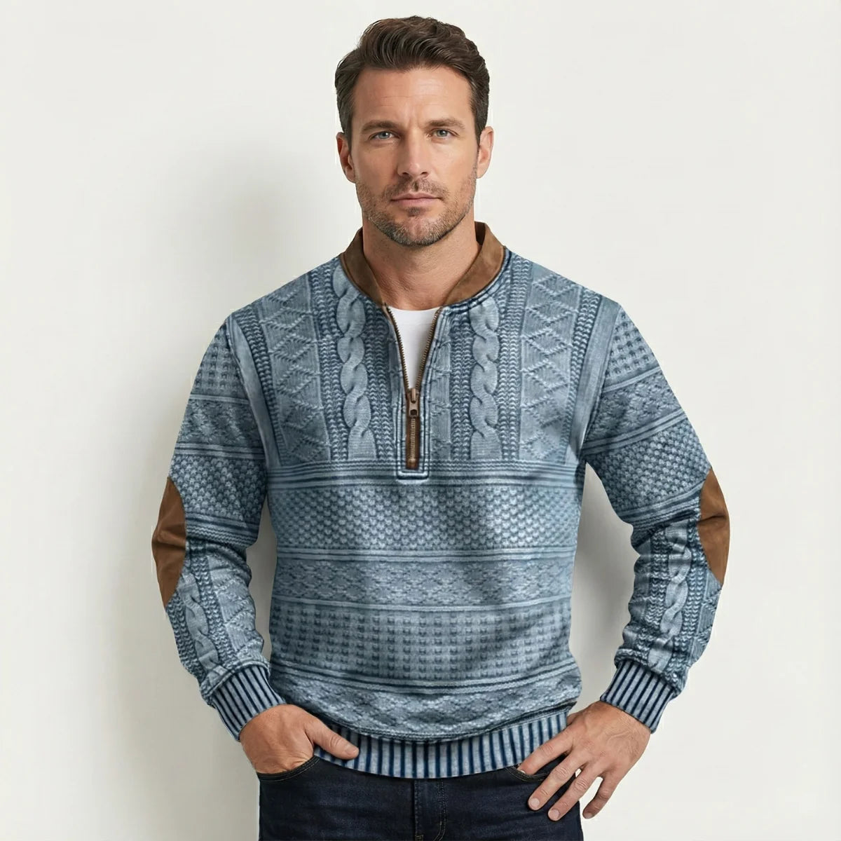 Alaric | Men's Half-Zip Sweater Patterned Elbow Patches Textured Knit Warm Soft Smart Casual Everyday Layering Autumn Winter