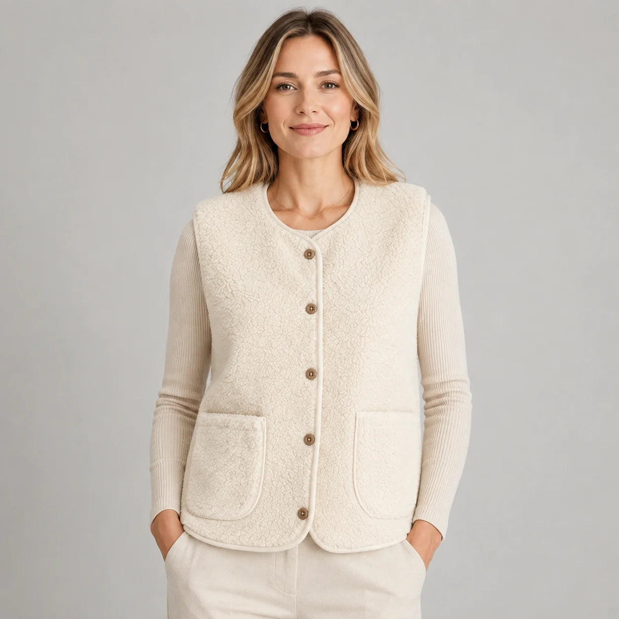 Trinity | Women's Gilet Borg Teddy Button-Front Sleeveless Plush Sherpa Soft Cosy Warm Layering Chic Feminine Casual Everyday Autumn