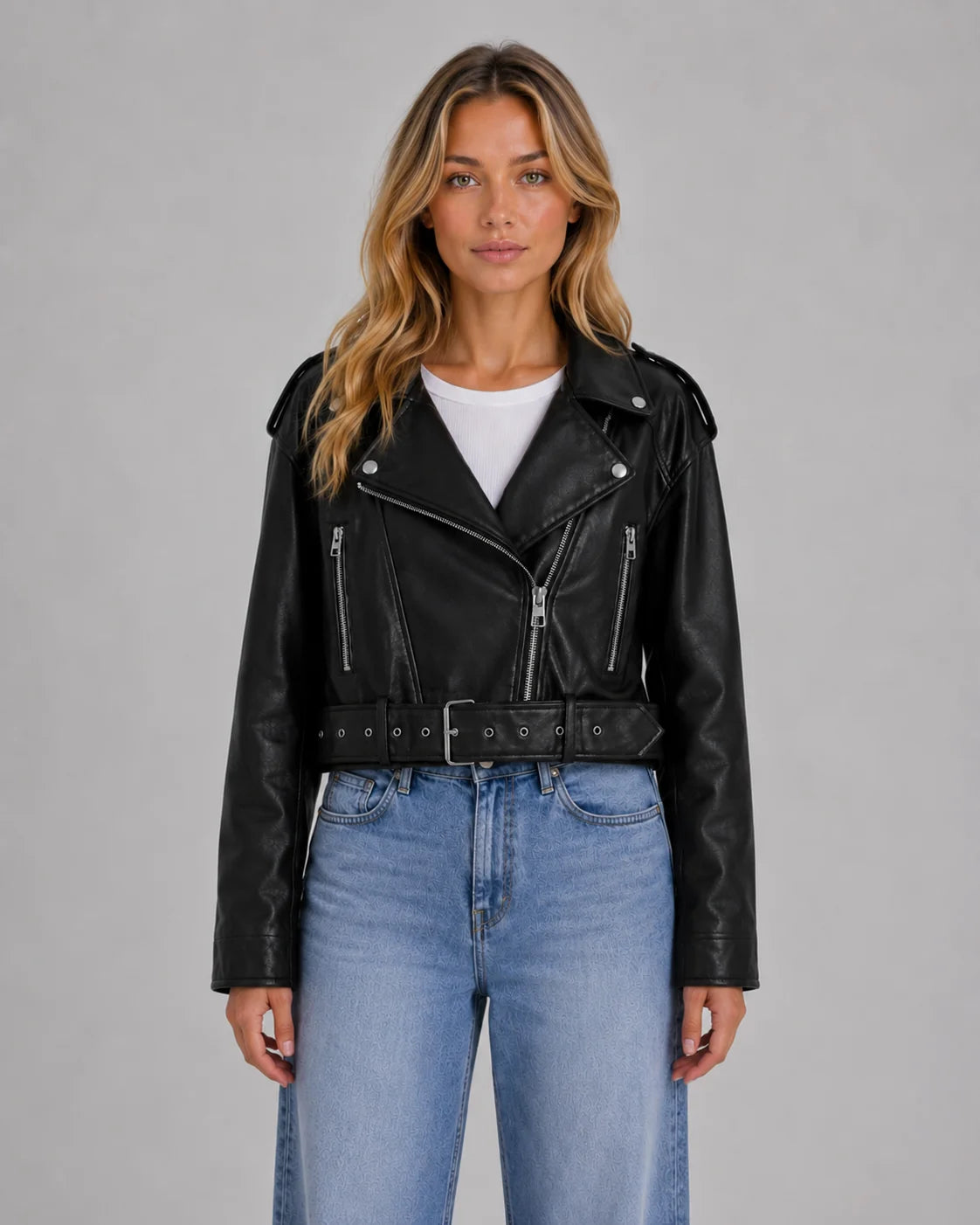 Raina | Women's Jacket Leather Look Biker Relaxed Fit Belted Moto Structured Edgy Chic Casual Everyday Autumn Winter Layering