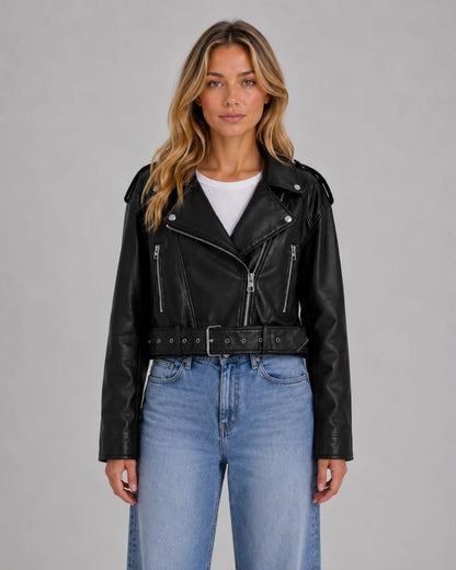 Raina | Women's Jacket Leather Look Biker Relaxed Fit Belted Moto Structured Edgy Chic Casual Everyday Autumn Winter Layering