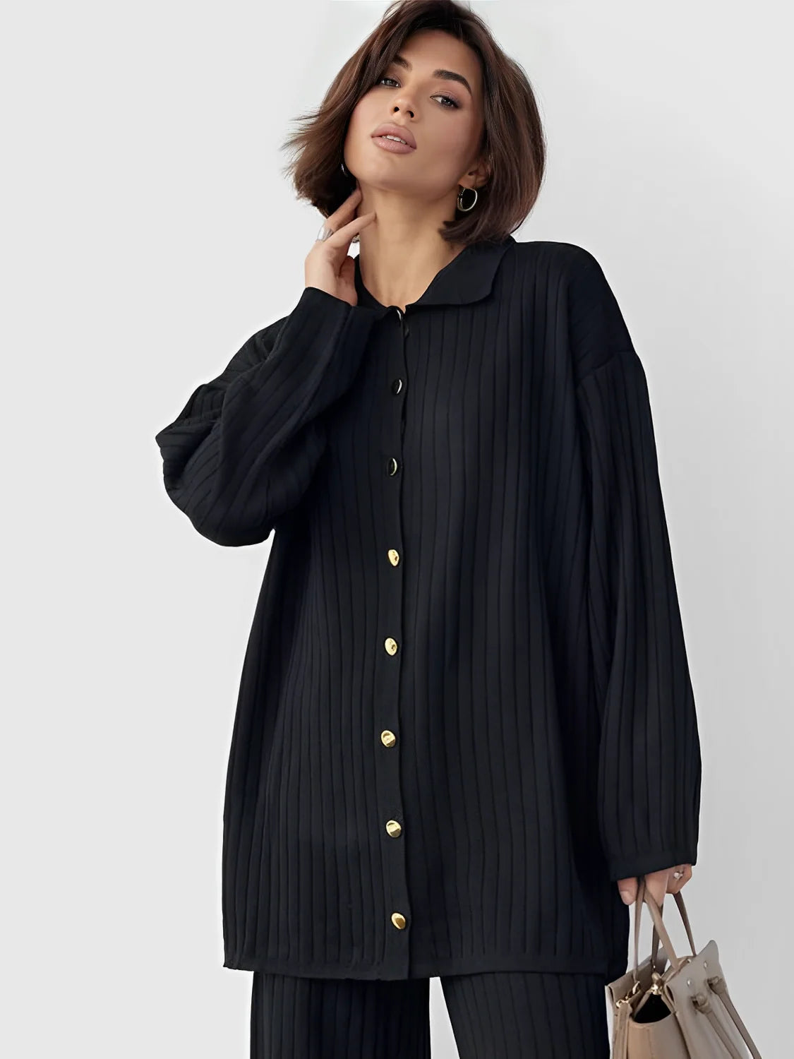 Marie | Women's Co-ord Set Ribbed Knit Longline Button Shirt Straight Trousers Two-Piece Soft Stretch Coordinated Chic Autumn