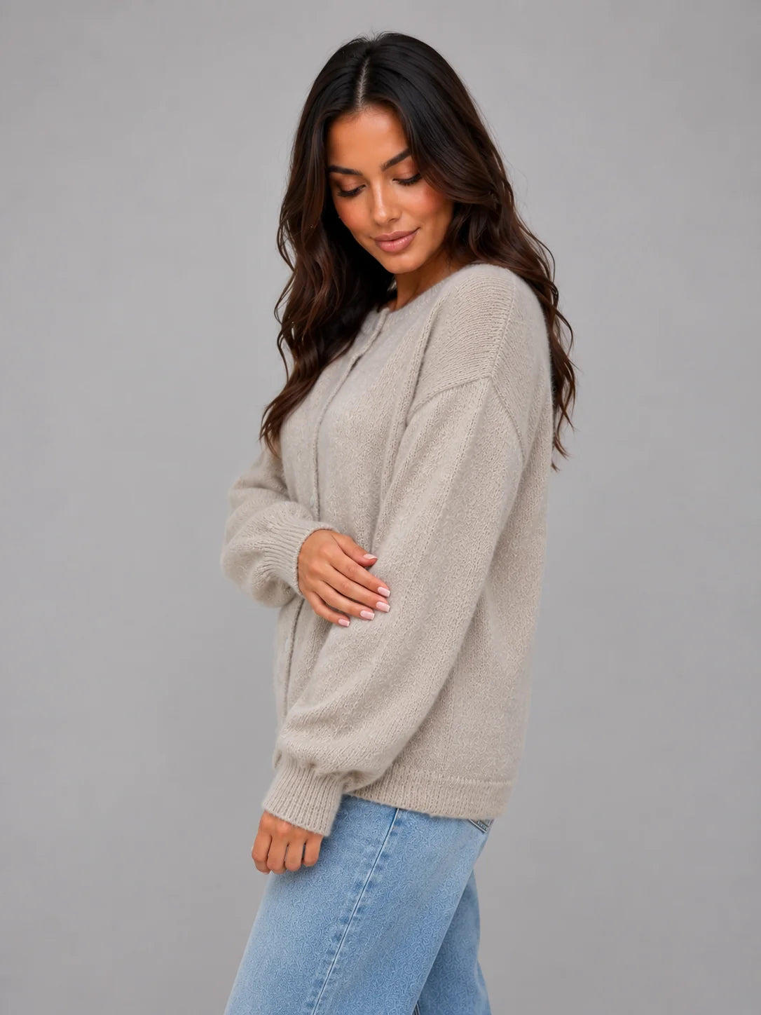 Lina | Women's Cardigan Soft Knit Crew Neck Button Front Relaxed Cosy Warm Layering Chic Feminine Casual Everyday Autumn Winter