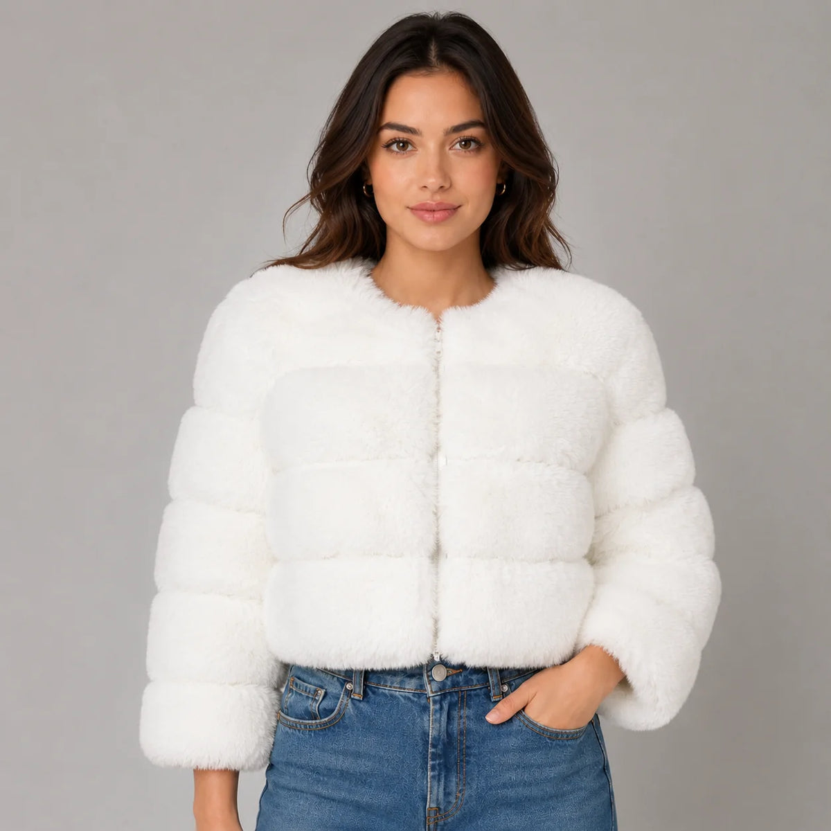 Veda | Women's Faux Fur Jacket Cropped Fluffy Plush Soft Warm Cosy Chic Feminine Occasion Everyday Autumn Winter Outerwear
