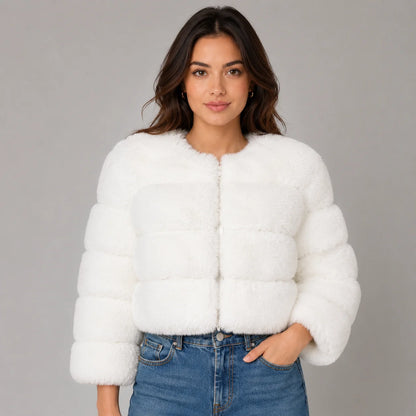 Veda | Women's Faux Fur Jacket Cropped Fluffy Plush Soft Warm Cosy Chic Feminine Occasion Everyday Autumn Winter Outerwear