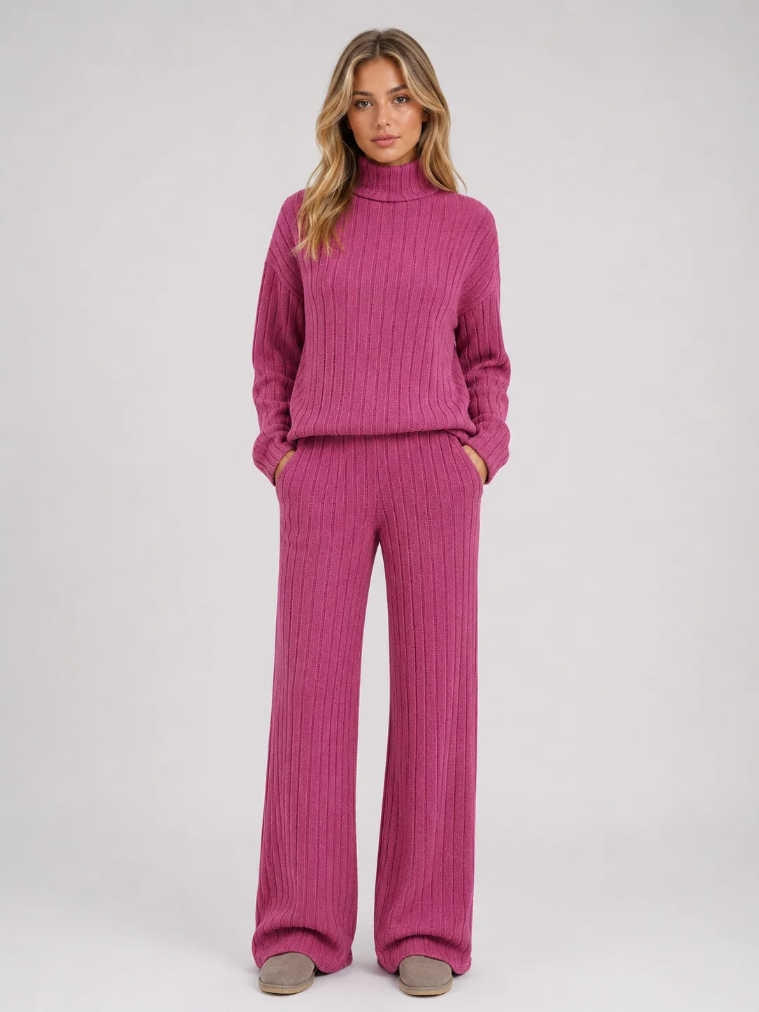 Louisa | Women's Lounge Set Ribbed Knit Roll Neck Jumper Wide-Leg Trousers Two-Piece Soft Cosy Warm Coordinated Relaxed Loungewear