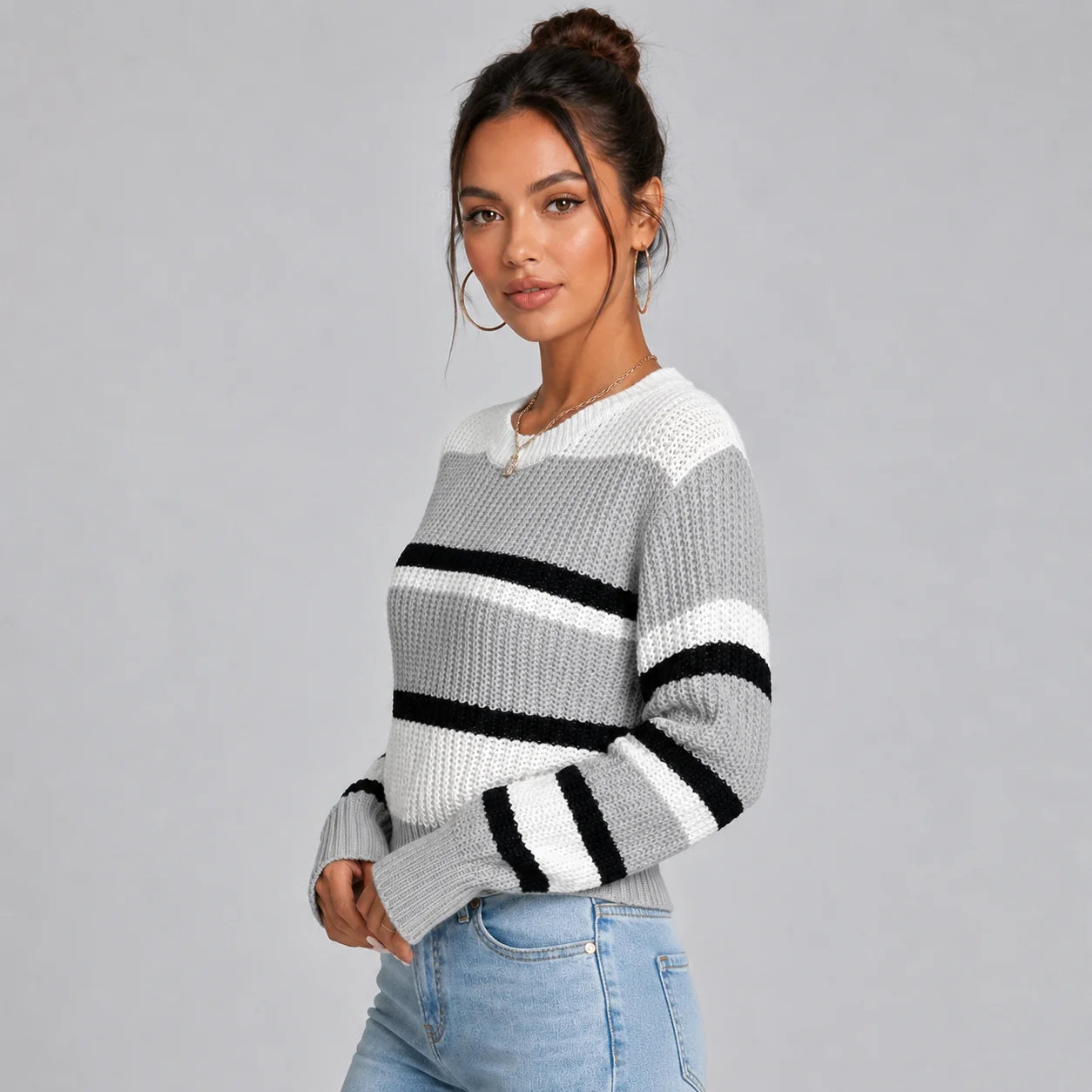 Vanessa | Women's Jumper Cropped Striped Round Neck Soft Knit Relaxed Cosy Warm Layering Chic Feminine Casual Everyday Autumn Winter