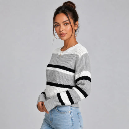 Vanessa | Women's Jumper Cropped Striped Round Neck Soft Knit Relaxed Cosy Warm Layering Chic Feminine Casual Everyday Autumn Winter