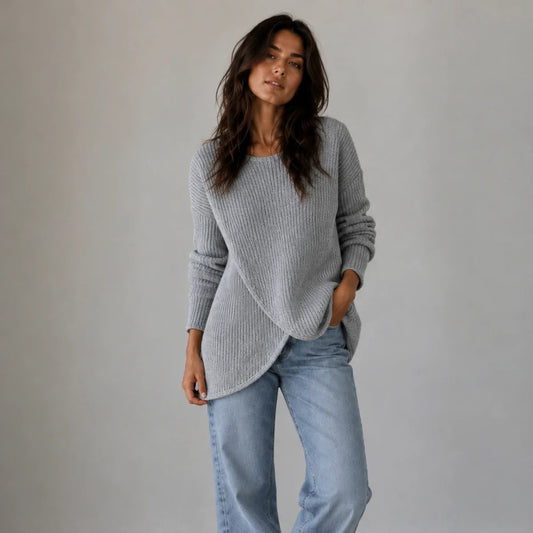 Mckenna | Women's Sweater Ribbed Asymmetrical Slit Hem Knit Fitted Soft Warm Layering Chic Feminine Casual Everyday Autumn Winter